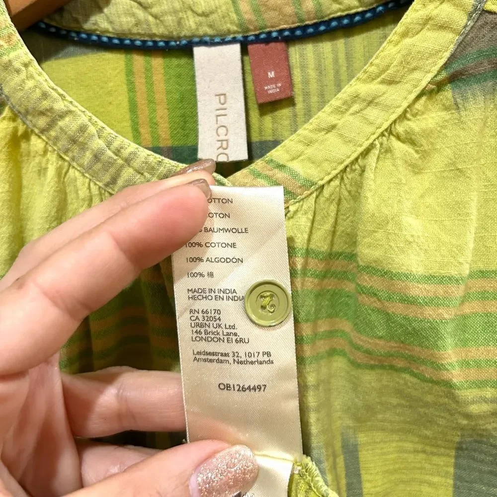 Anthropologie Pilcro The Hannah Green Plaid Surf Shirt Beach Boho Size M
